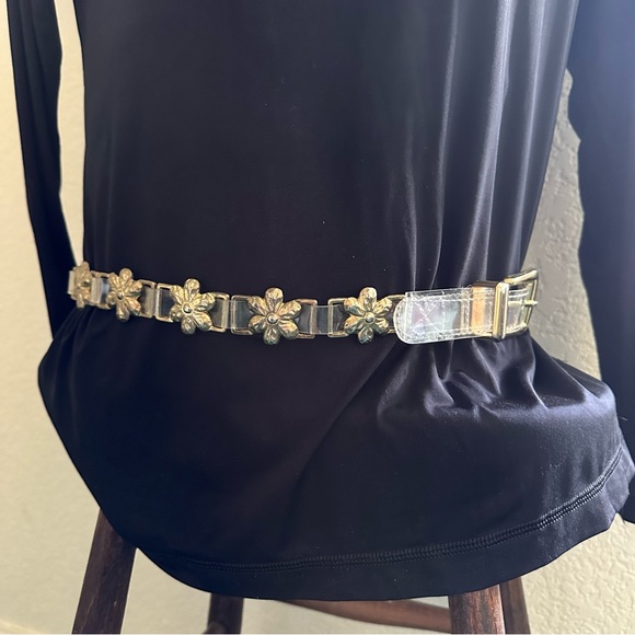 Vintage Clear Plastic and Brass tone Flower Embellished Belt - Picture 2 of 15